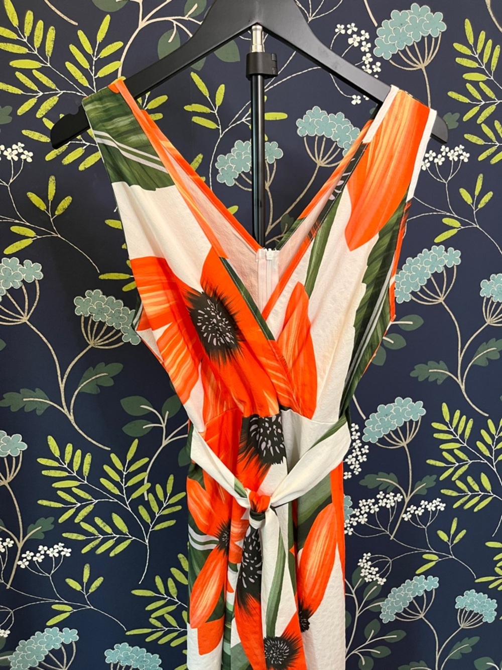 Floral Wrap Midi Dress Orange Green Tropical Print Sleeveless Tie Waist V Neck - Picture 3 of 7